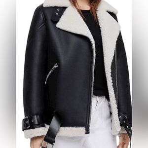 All Saints Black Leather Jacket with Cream Shearling